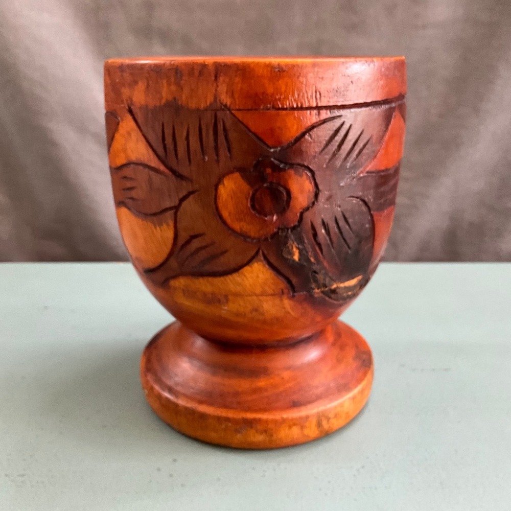 Vintage Hand Carved Wooden Planter Floral Pedestal Chalice Vase Rustic Boho